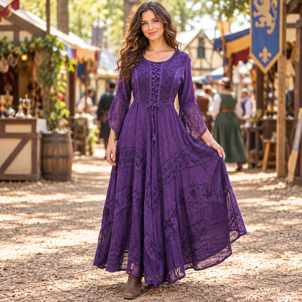 Renaissance Festival Maxi Dress Purple Embroidered Lace Up Bell Sleeve Boho LARP